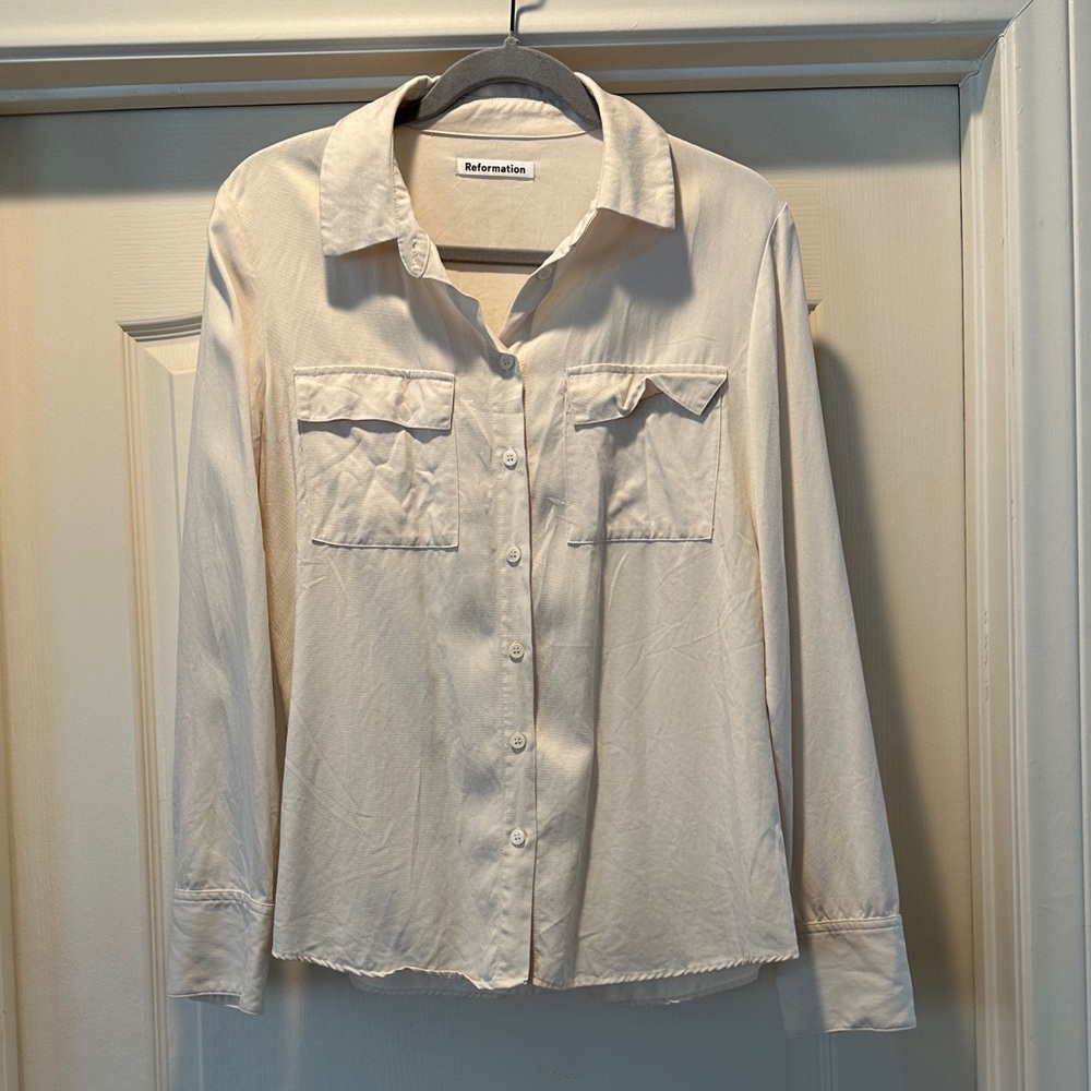 Reformation Cream Button-Down Pocket Blouse